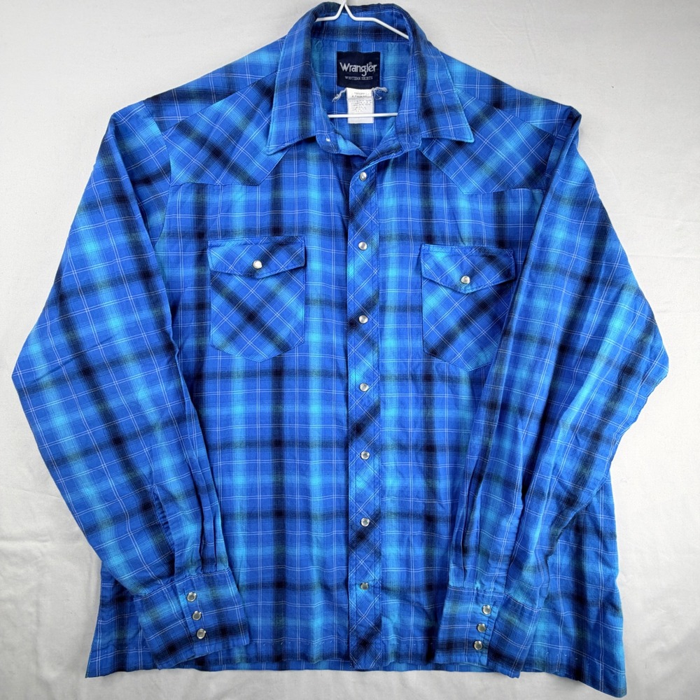 Wrangler Western Shirt Mens XLT Blue Ombre Plaid Pearl Snap cowboy